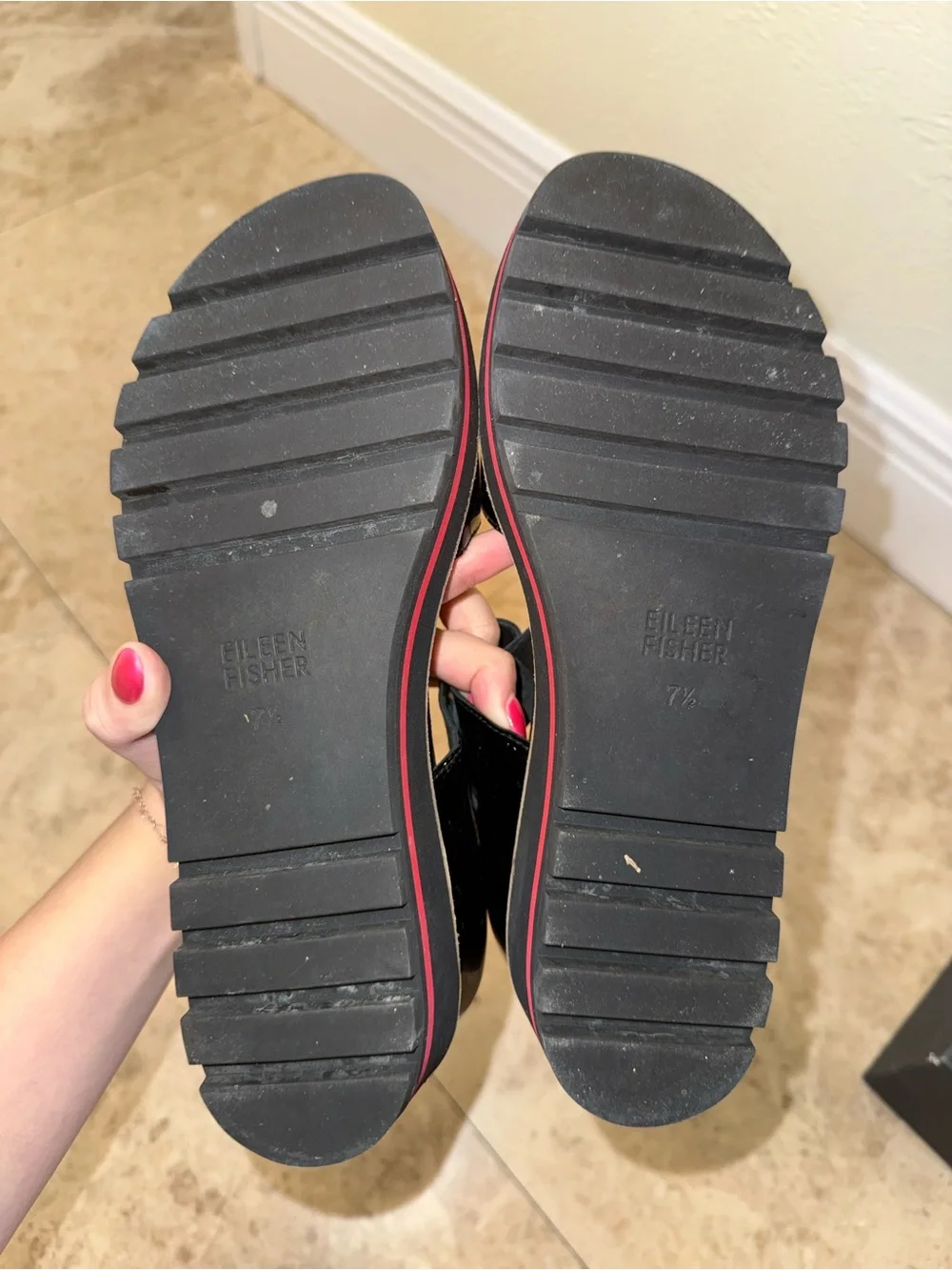 Eileen Fisher Black Patent Platform Sandals with Red Accent